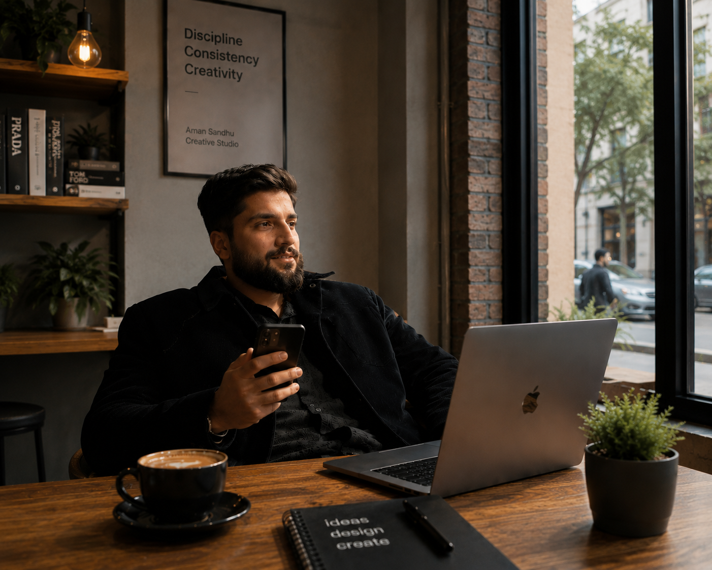 aman sandhu sitting on desk on the phone